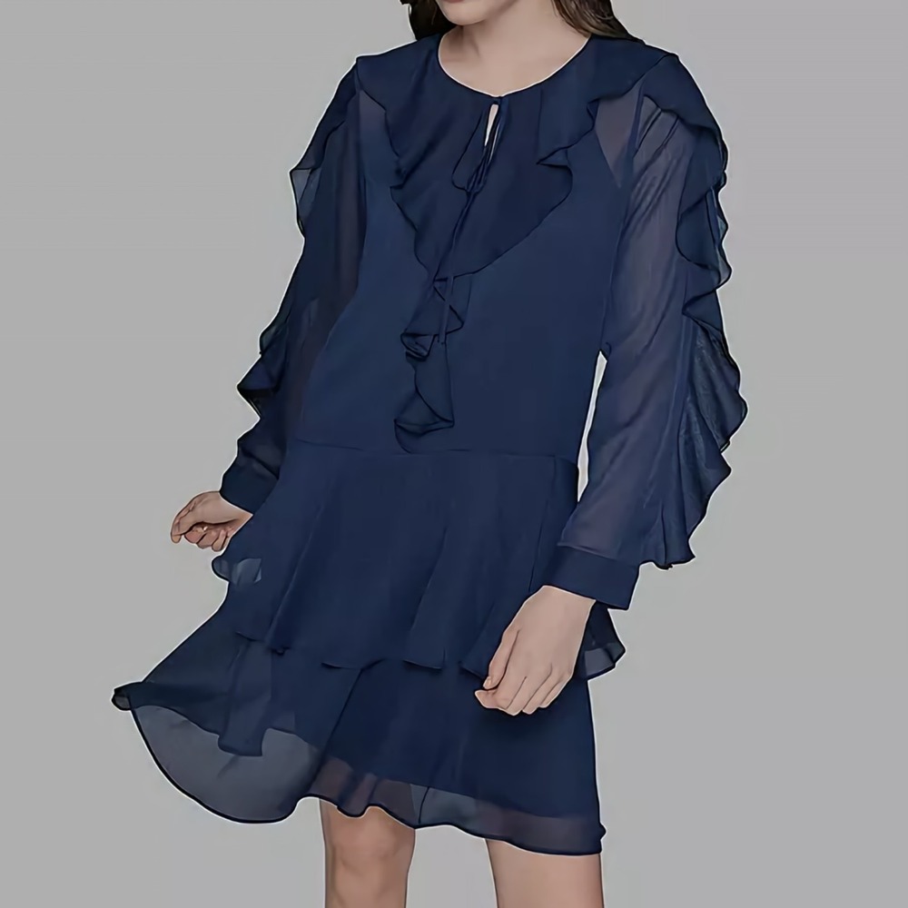 Karl Lagerfeld Paris Layered Ruffle Navy Tie Neck Dress Womens Size 10 NWT